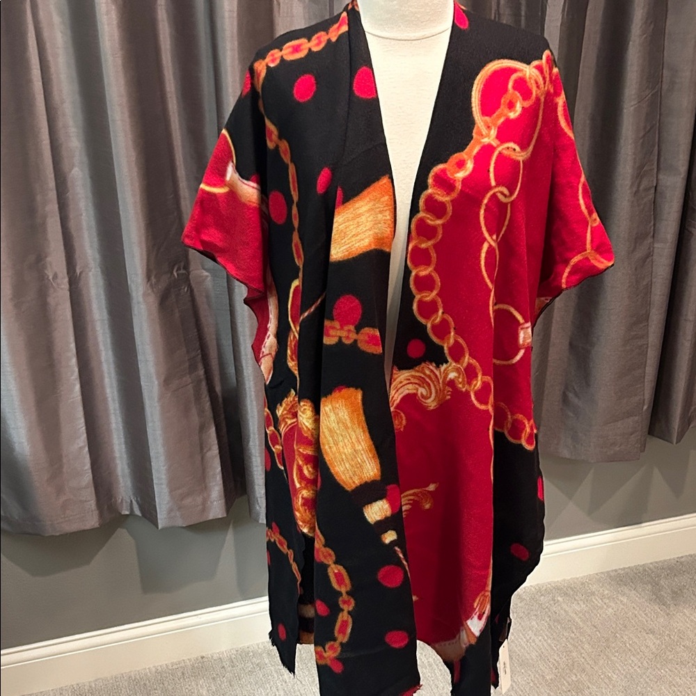 LOF Red and Black open front sweater wrap  with Gold Accents